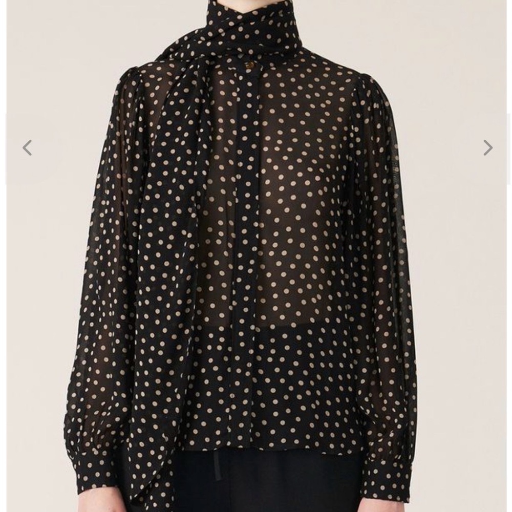 Ganni Black Sheer Blouse with Cream Polka Dots